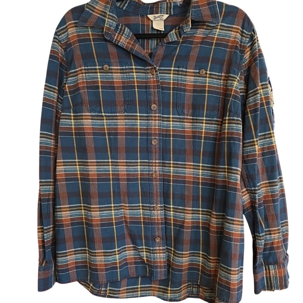 Women’s Duluth Trading Free Swinging Flannel Shirt Large Blue Plaid Button Top